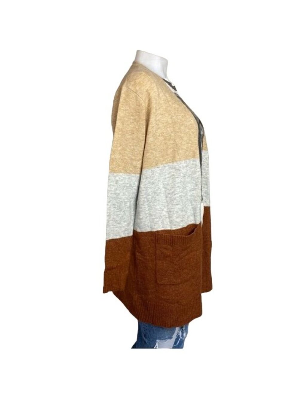 A New Day Colorblock Open Front Cardigan XS Beige Gray Brown Pockets Lightweight - Picture 5 of 10